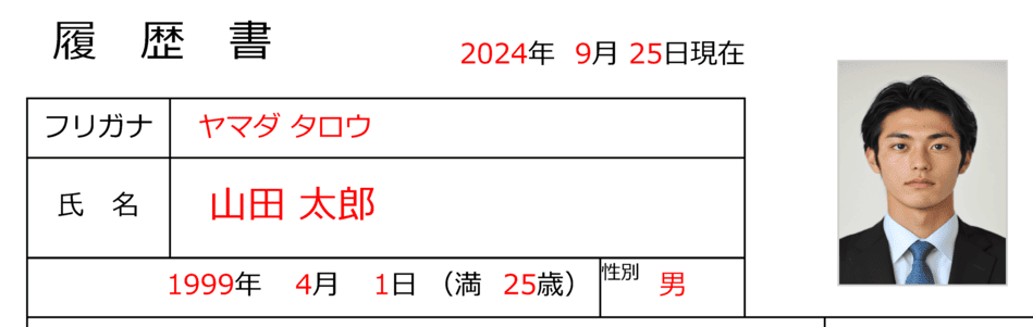 履歴書の氏名と生年月日の書き方を解説する図